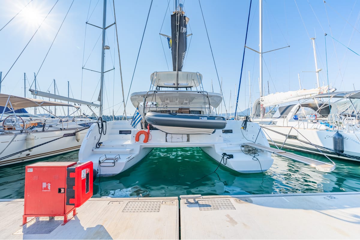 Exterior view of Enjoy, a Lagoon 46 catamaran at Kontokali, Greece