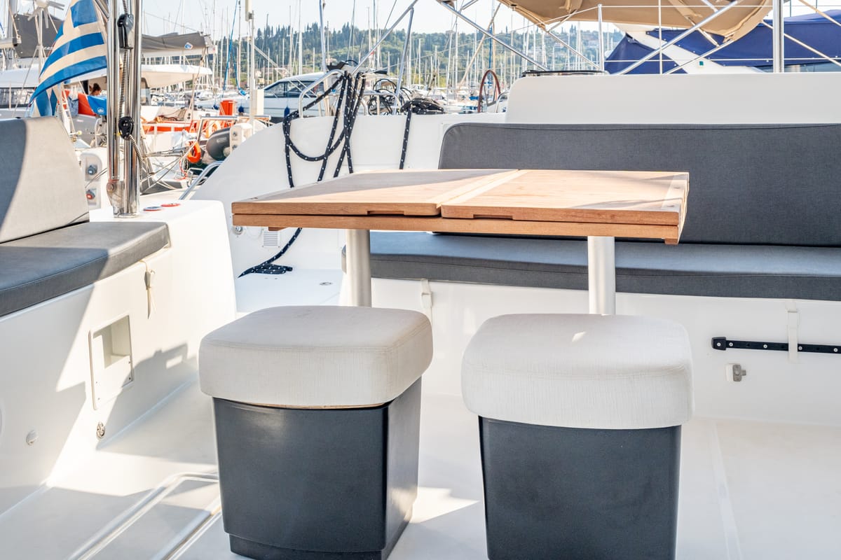 Deck of Enjoy, a Lagoon 46 catamaran at Kontokali, Greece