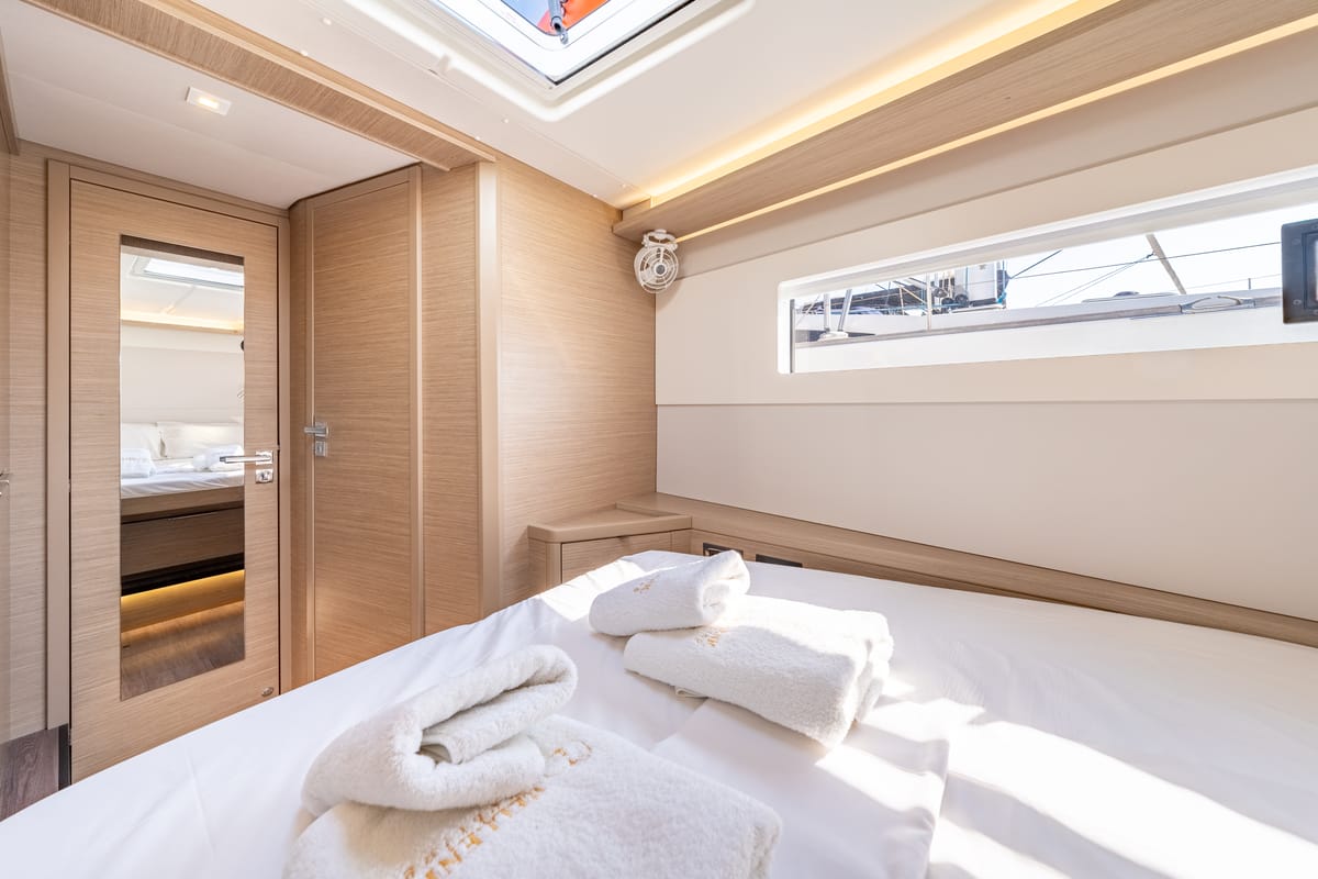 Exterior view of Enjoy, a Lagoon 46 catamaran at Kontokali, Greece