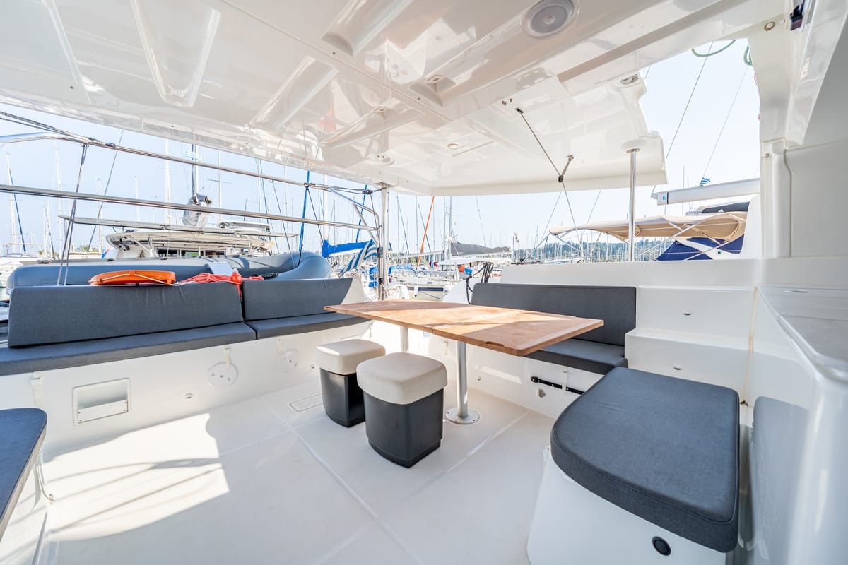 Deck of Enjoy, a Lagoon 46 catamaran at Kontokali, Greece