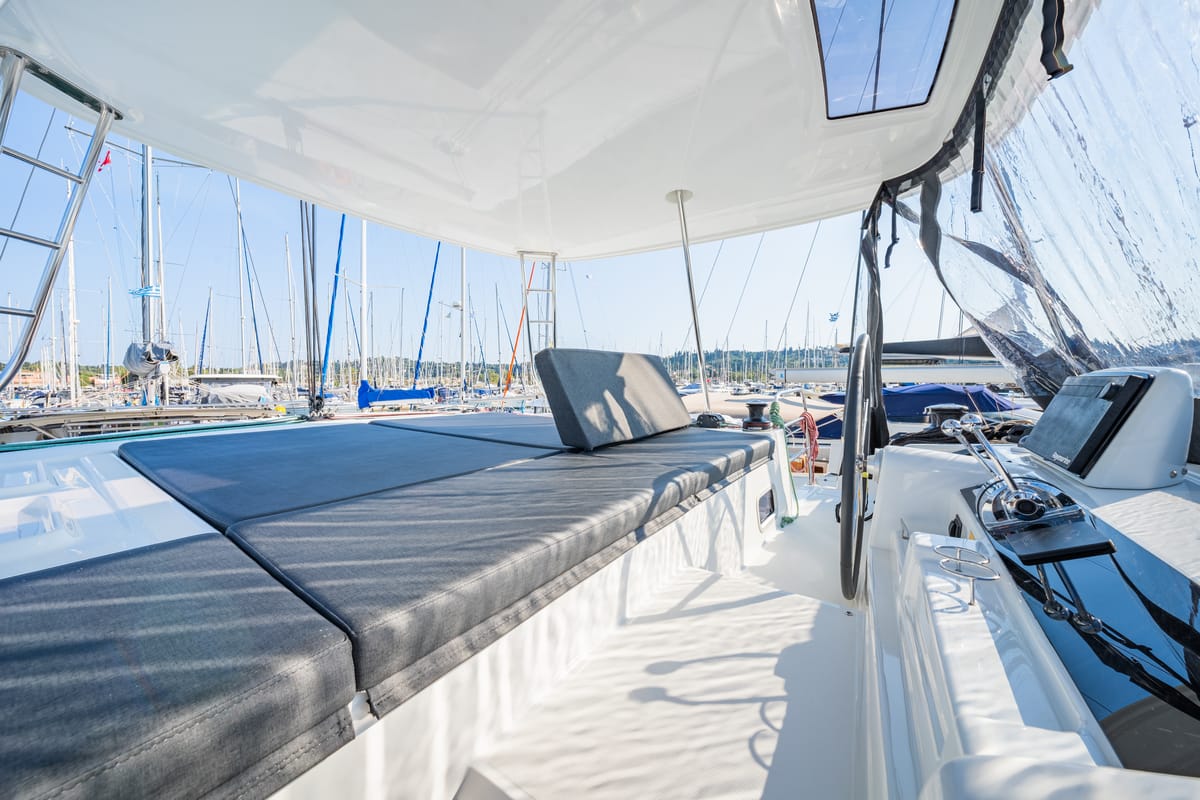 Deck of Enjoy, a Lagoon 46 catamaran at Kontokali, Greece