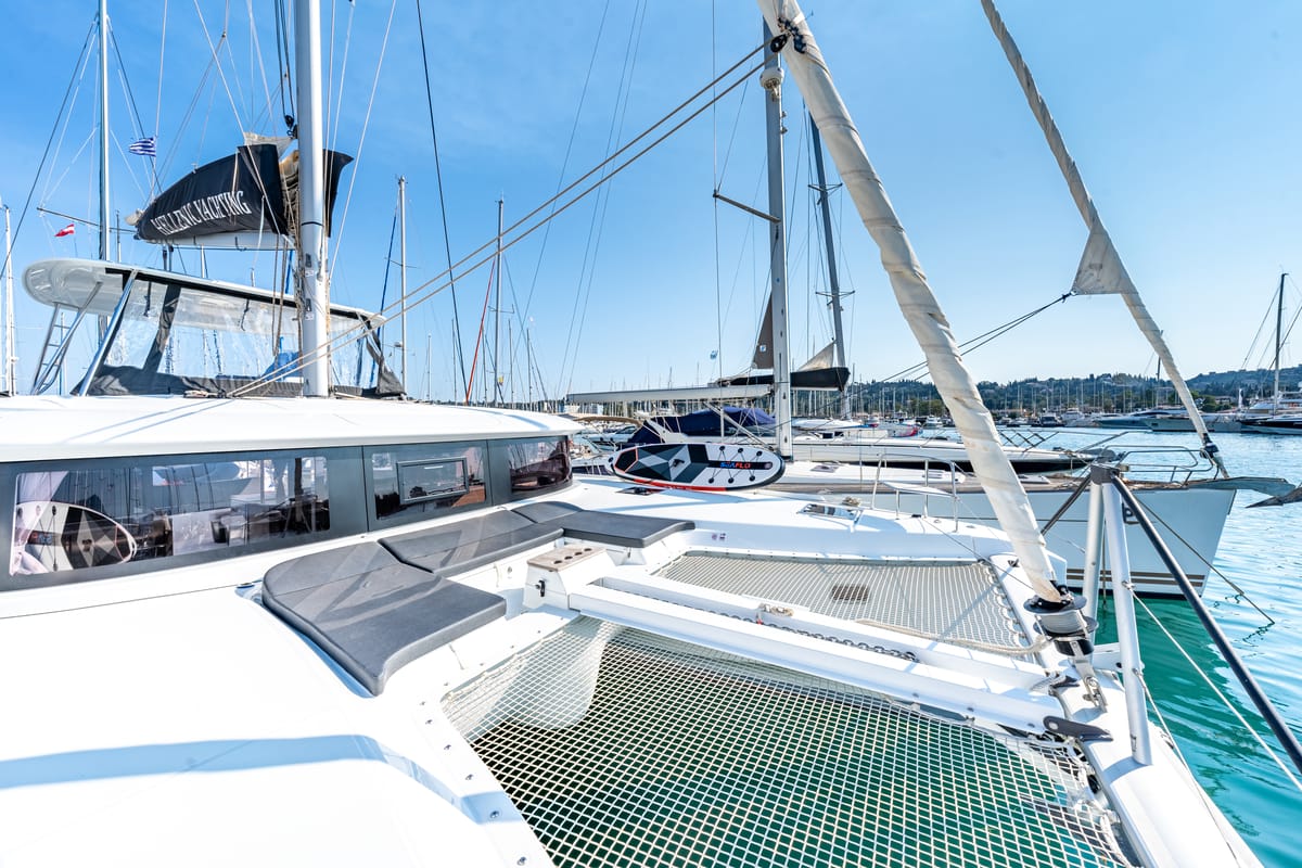 Deck of Enjoy, a Lagoon 46 catamaran at Kontokali, Greece