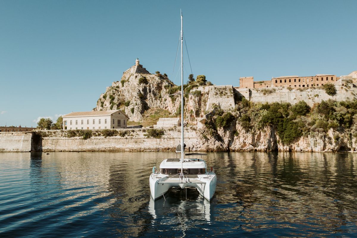 Exterior view of IO, a Lagoon 42 catamaran at Kontokali, Greece