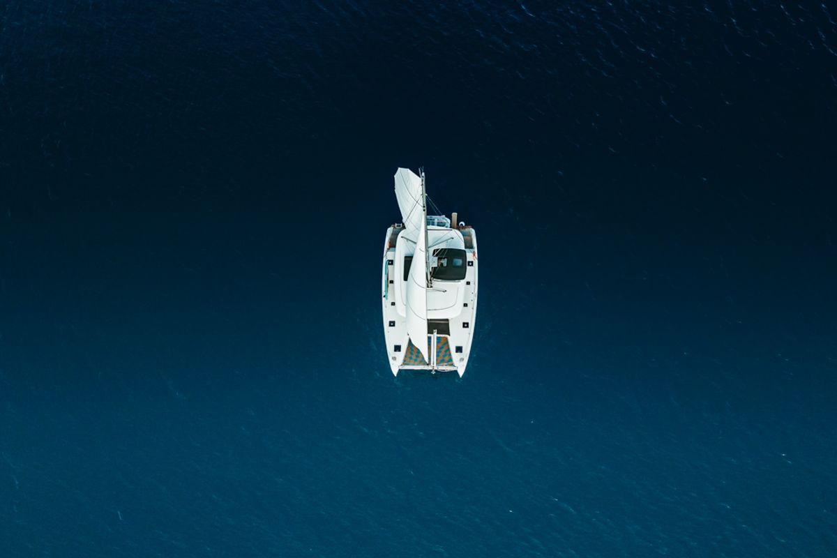 Exterior view of IO, a Lagoon 42 catamaran at Kontokali, Greece