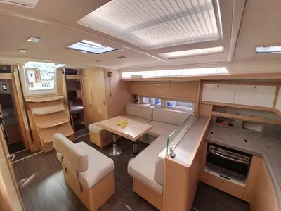 Salon of Grande Sofia, a Dufour 530 sailboat at Lavreotiki Municipal Unit, Greece