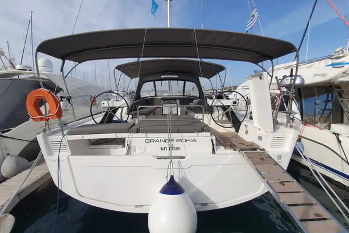 Exterior view of Grande Sofia, a Dufour 530 sailboat at Lavreotiki Municipal Unit, Greece
