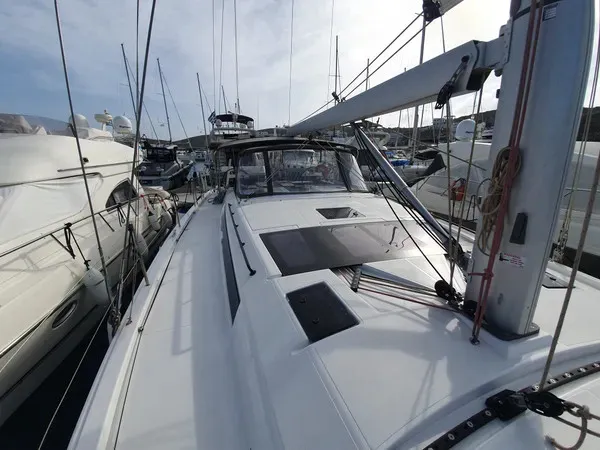 Deck of Grande Sofia, a Dufour 530 sailboat at Lavreotiki Municipal Unit, Greece