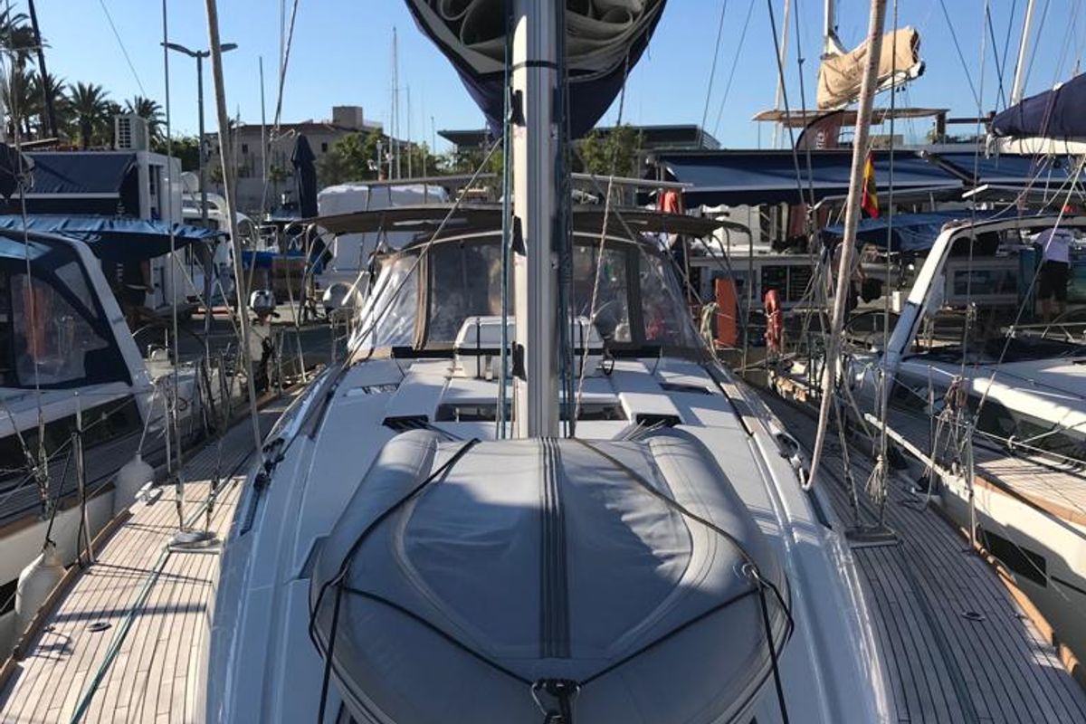 Deck of Alboran Bourbon, a Jeanneau Sun Odyssey 519 sailboat at es Jonquet, Spain