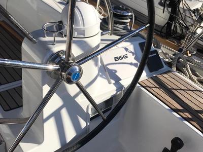 Cockpit of Alboran Bourbon, a Jeanneau Sun Odyssey 519 sailboat at es Jonquet, Spain