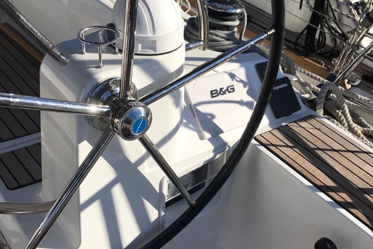 Cockpit of Alboran Bourbon, a Jeanneau Sun Odyssey 519 sailboat at es Jonquet, Spain