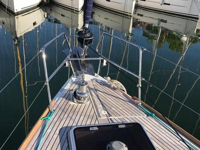 Deck of Alboran Bourbon, a Jeanneau Sun Odyssey 519 sailboat at es Jonquet, Spain