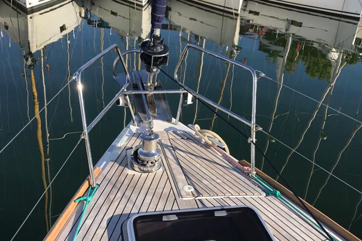 Deck of Alboran Bourbon, a Jeanneau Sun Odyssey 519 sailboat at es Jonquet, Spain