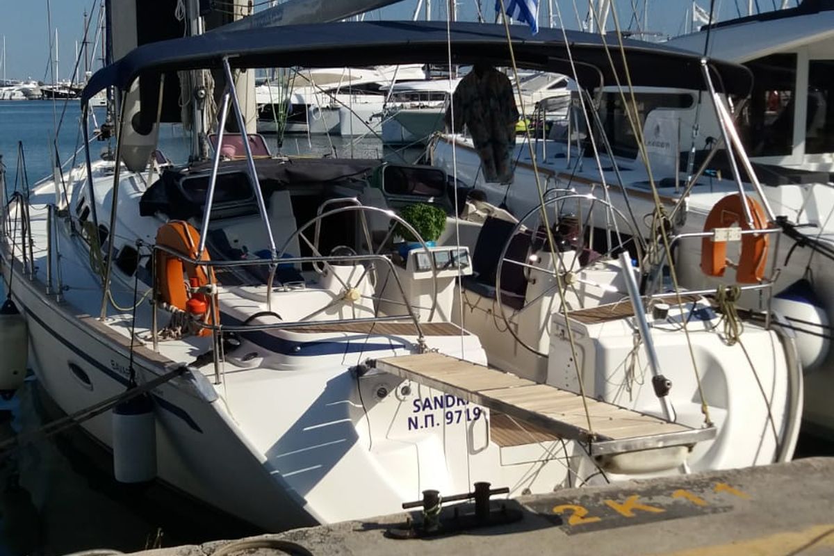 Exterior view of Sandra, a Bavaria 46 Cruiser sailboat at Municipal Unit of Lefkada, Greece