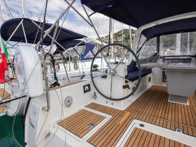 Cockpit of Arianna, a Beneteau Oceanis 41.1 sailboat at Capo d'Orlando, Italy