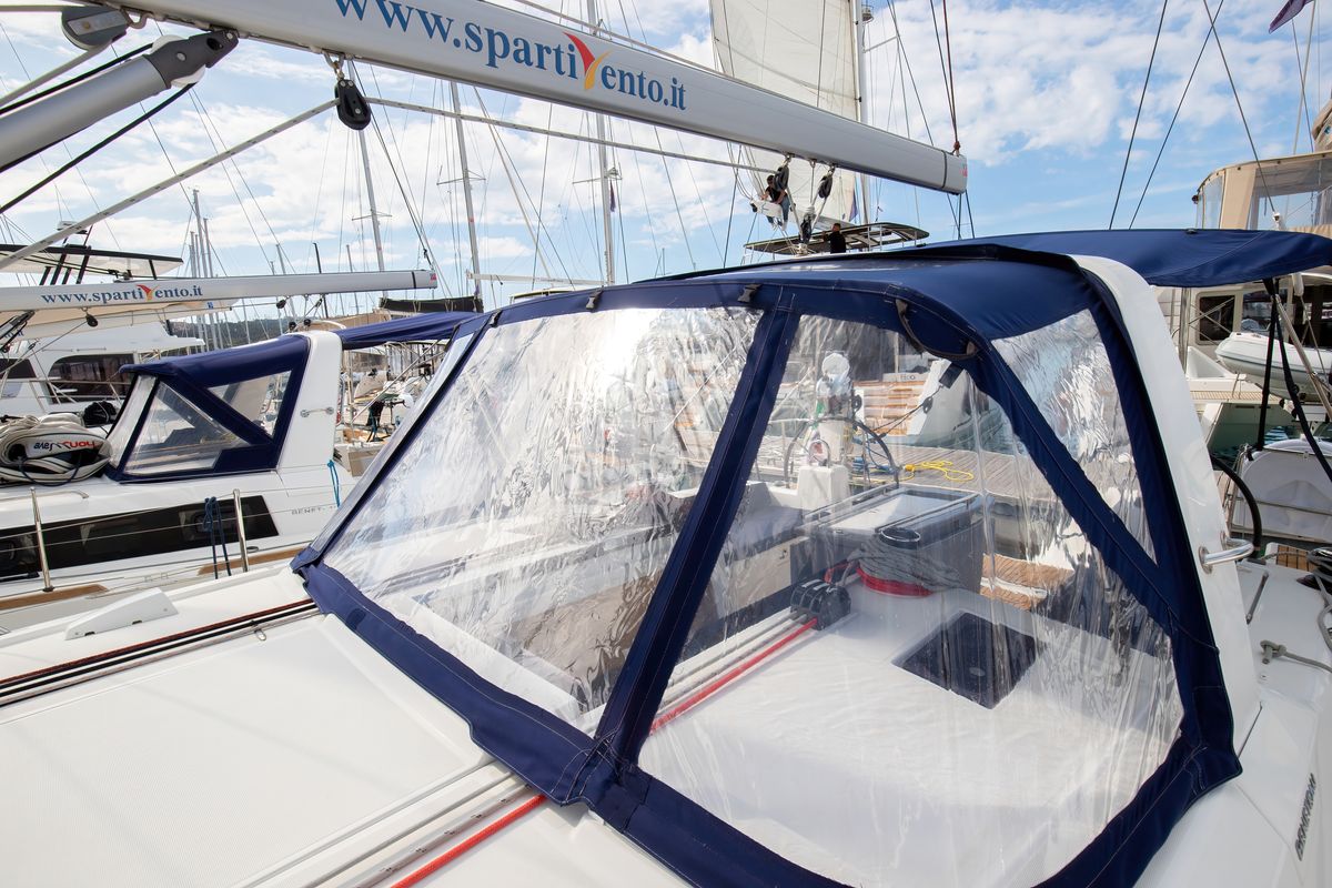 Deck of Arianna, a Beneteau Oceanis 41.1 sailboat at Capo d'Orlando, Italy
