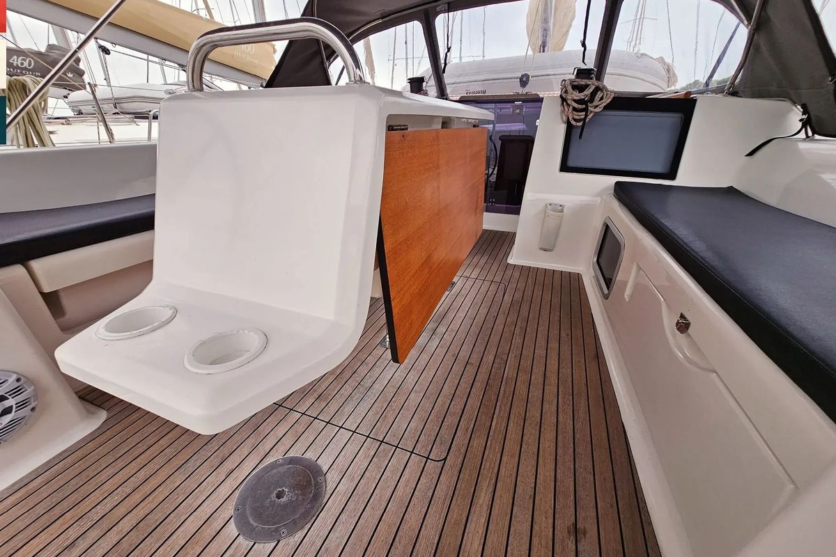 Deck of Ritmico, a Dufour 460 Grand Large sailboat at Municipal Unit of Ellomenos, Greece