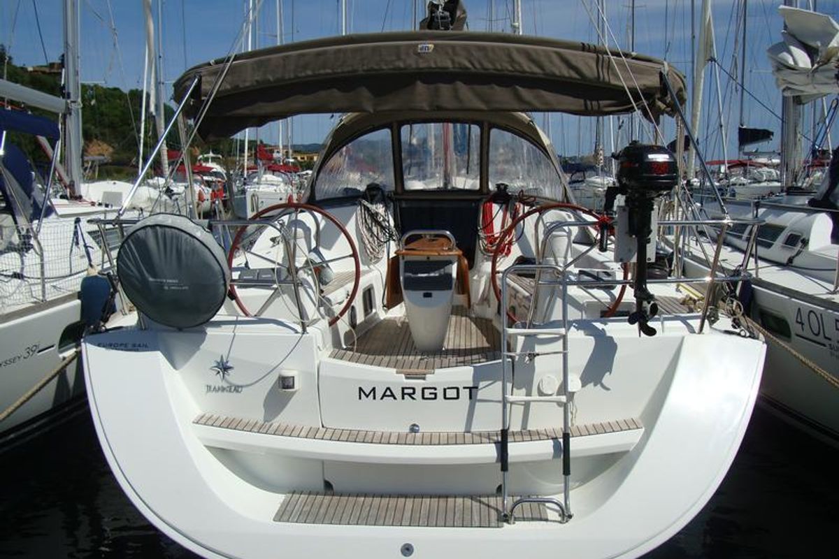 Exterior view of Margot, a Jeanneau Sun Odyssey 42i Performance sailboat at Olbia, Italy