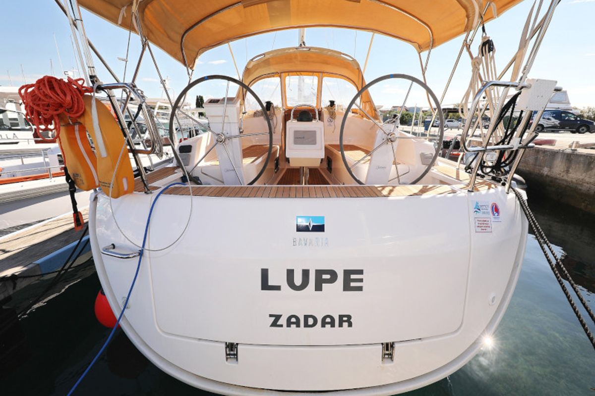 Exterior view of Lupe, a Bavaria Cruiser 37 sailboat at Zadar, Croatia