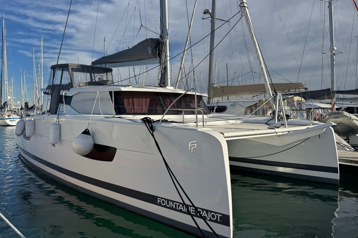 Exterior view of Jumapi, a Fountaine Pajot Isla 40 catamaran at La Rochelle, France