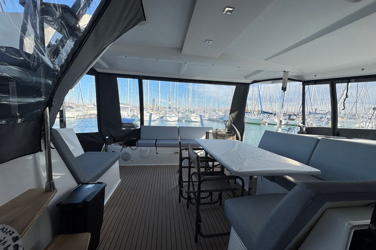 Deck of Jumapi, a Fountaine Pajot Isla 40 catamaran at La Rochelle, France