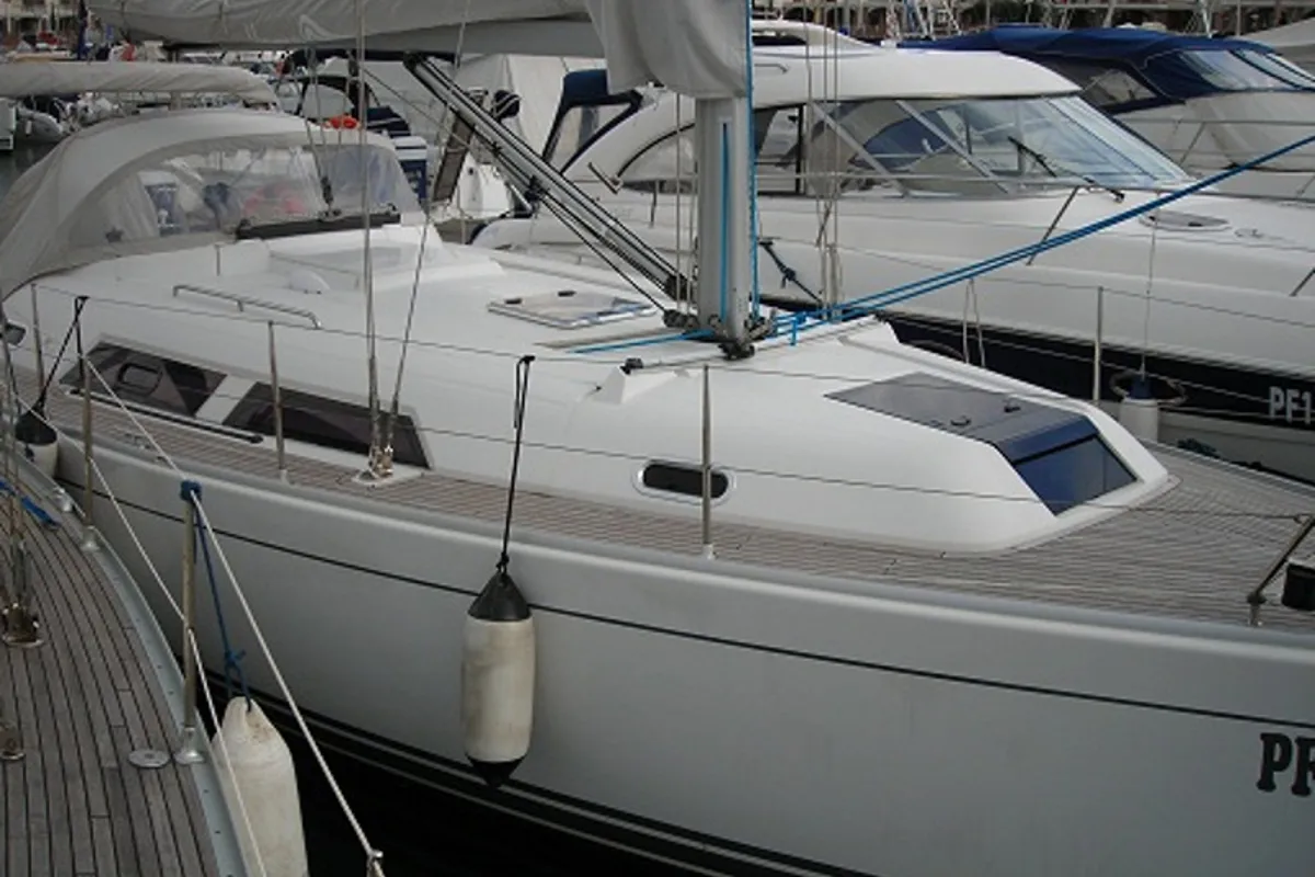 Exterior view of Sventola, a Hanse Yachts Hanse 370 sailboat at Piombino, Italy