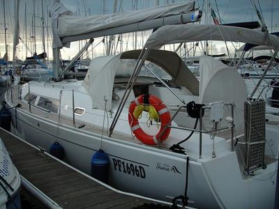 Exterior view of Sventola, a Hanse Yachts Hanse 370 sailboat at Piombino, Italy