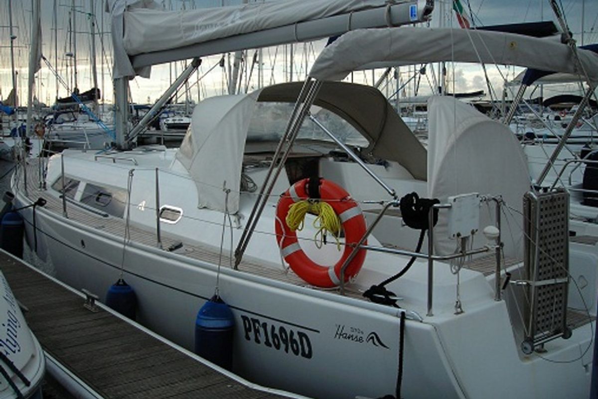 Exterior view of Sventola, a Hanse Yachts Hanse 370 sailboat at Piombino, Italy