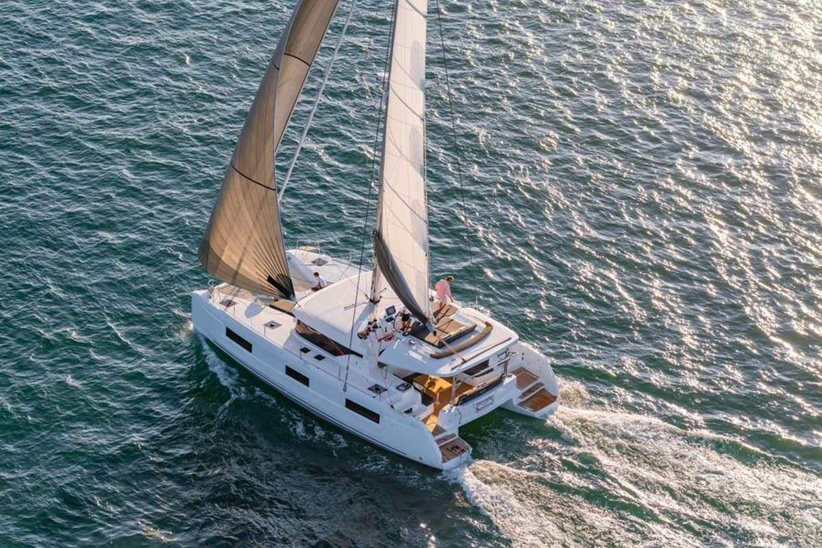 Exterior view of ANGEL, a Lagoon 46 catamaran at Athens, Greece