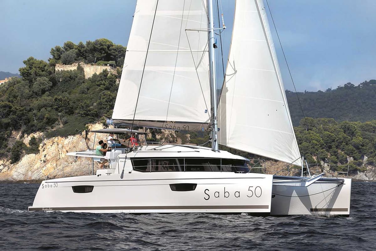 Exterior view of Alvin, a Fountaine Pajot Saba 50 catamaran at Capo d'Orlando, Italy