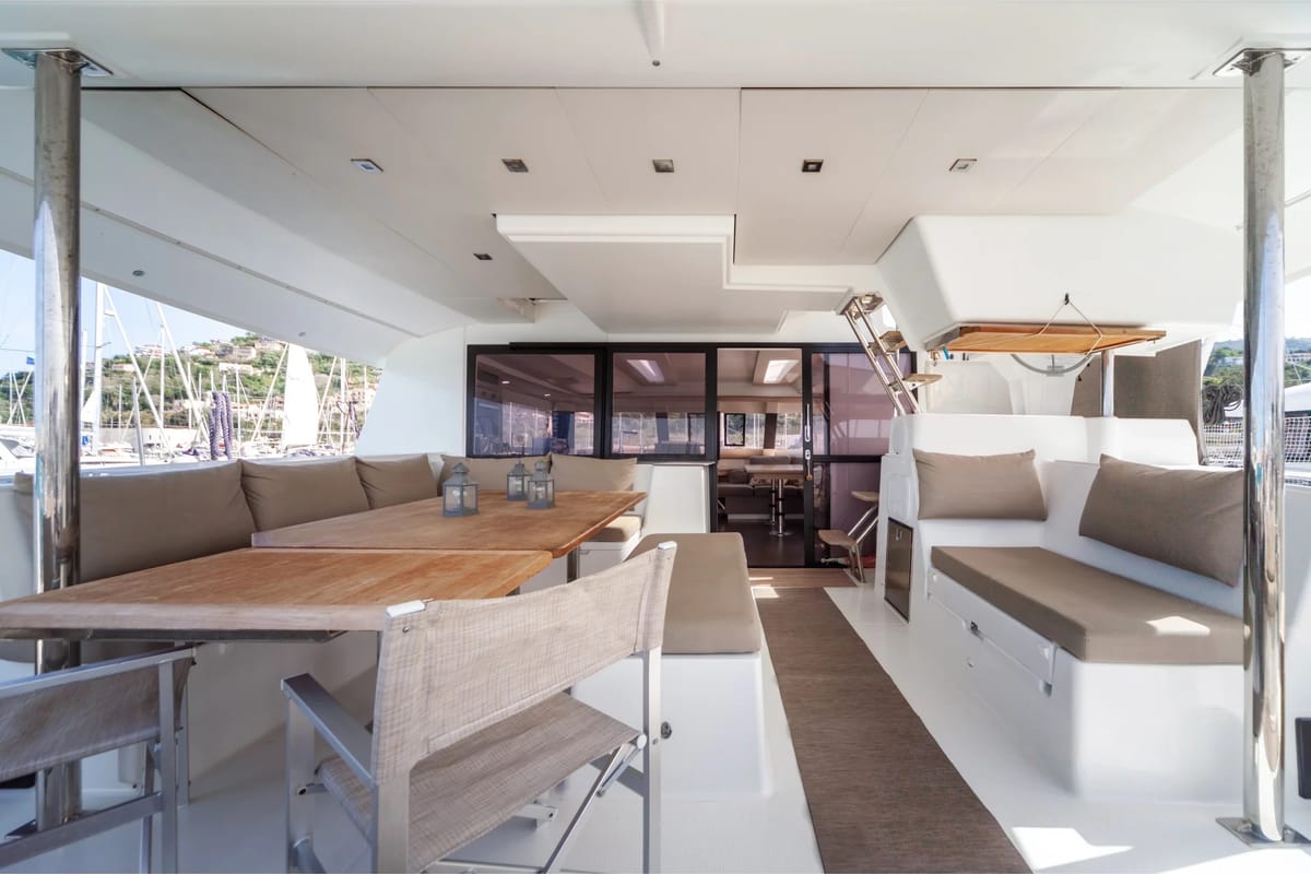 Deck of Alvin, a Fountaine Pajot Saba 50 catamaran at Capo d'Orlando, Italy