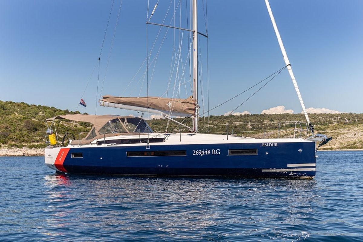 Exterior view of Freki, a Jeanneau Sun Odyssey 490 sailboat at Primošten, Croatia
