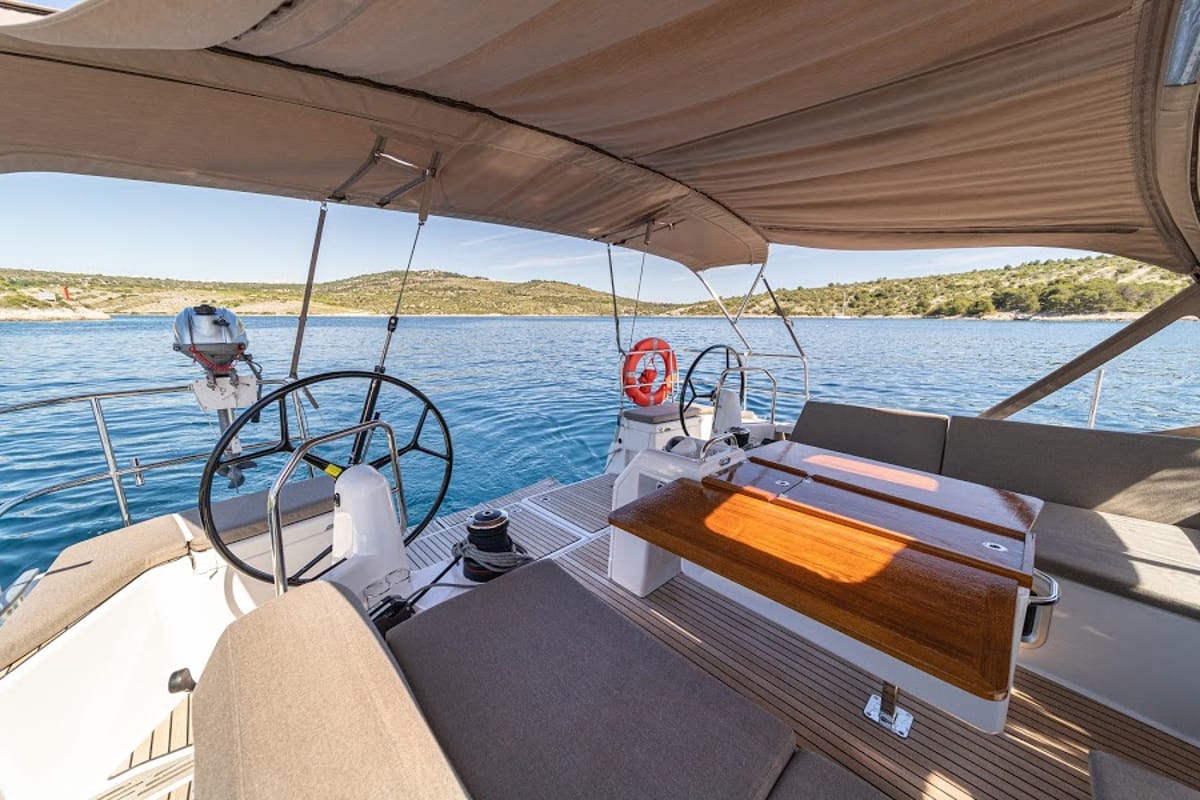 Cockpit of Freki, a Jeanneau Sun Odyssey 490 sailboat at Primošten, Croatia