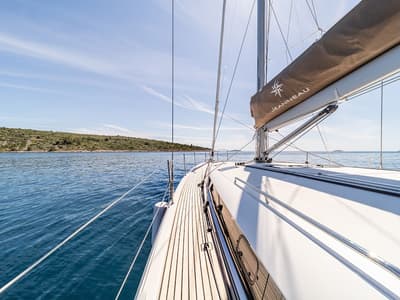 Deck of Freki, a Jeanneau Sun Odyssey 490 sailboat at Primošten, Croatia