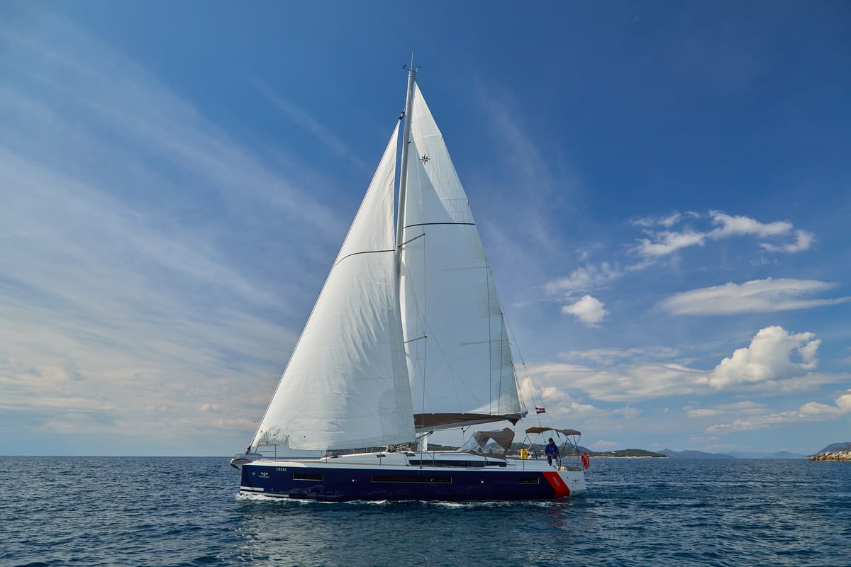 Exterior view of Freki, a Jeanneau Sun Odyssey 490 sailboat at Primošten, Croatia