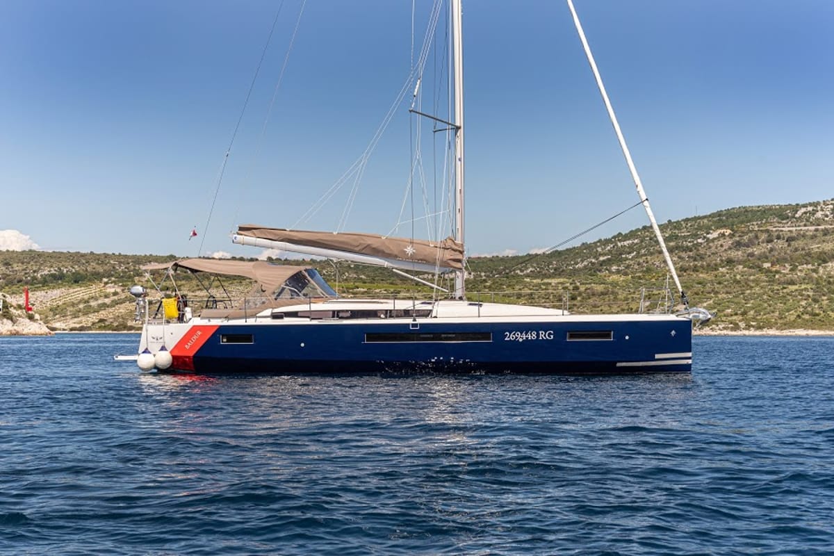 Exterior view of Freki, a Jeanneau Sun Odyssey 490 sailboat at Primošten, Croatia
