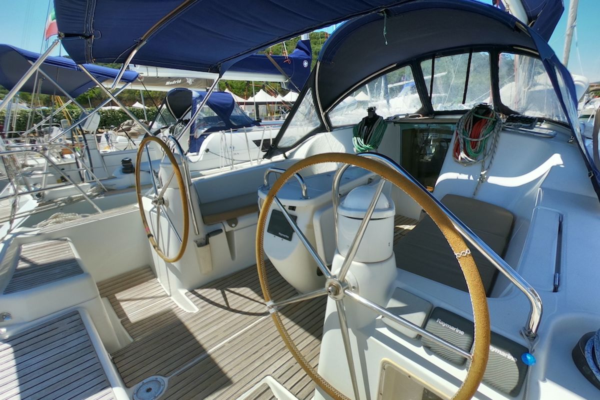 Cockpit of Cabiria, a Jeanneau Sun Odyssey 39i sailboat at Olbia, Italy