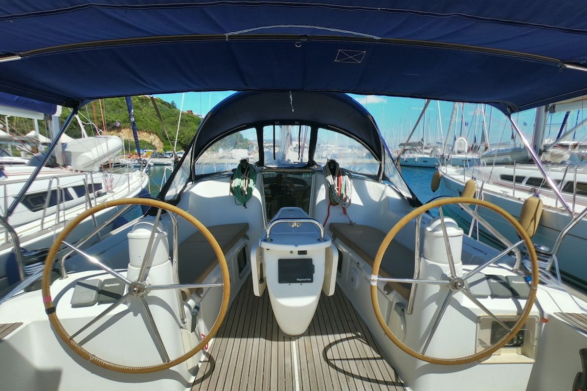 Cockpit of Cabiria, a Jeanneau Sun Odyssey 39i sailboat at Olbia, Italy