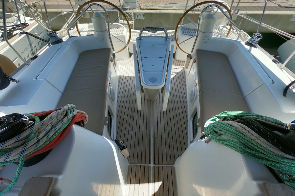 Cockpit of Cabiria, a Jeanneau Sun Odyssey 39i sailboat at Olbia, Italy