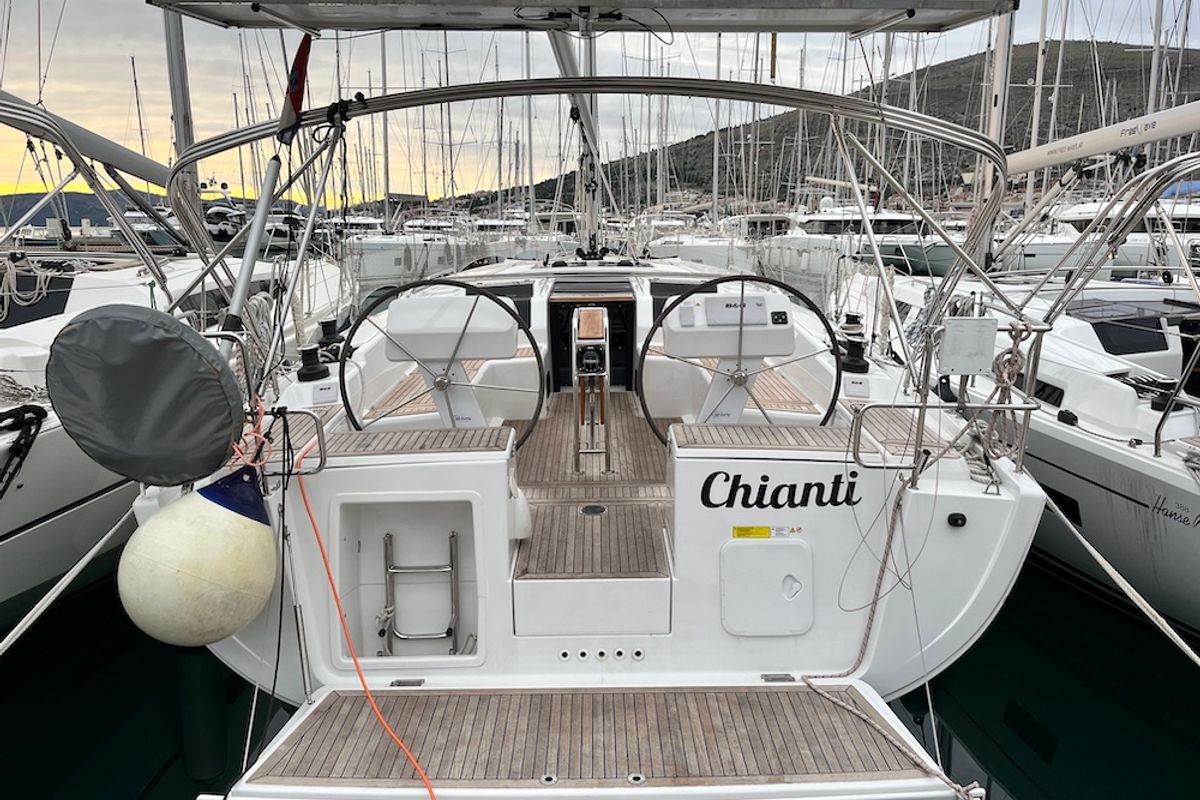 Exterior view of Chianti, a Hanse Yachts Hanse 458 sailboat at Seget Donji, Croatia