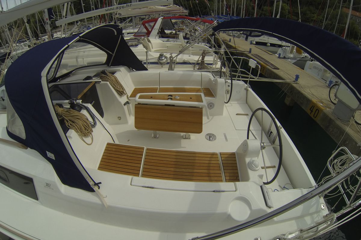 Deck of Gangaro, a Dufour 382 Grand Large sailboat at Općina Medulin, Croatia