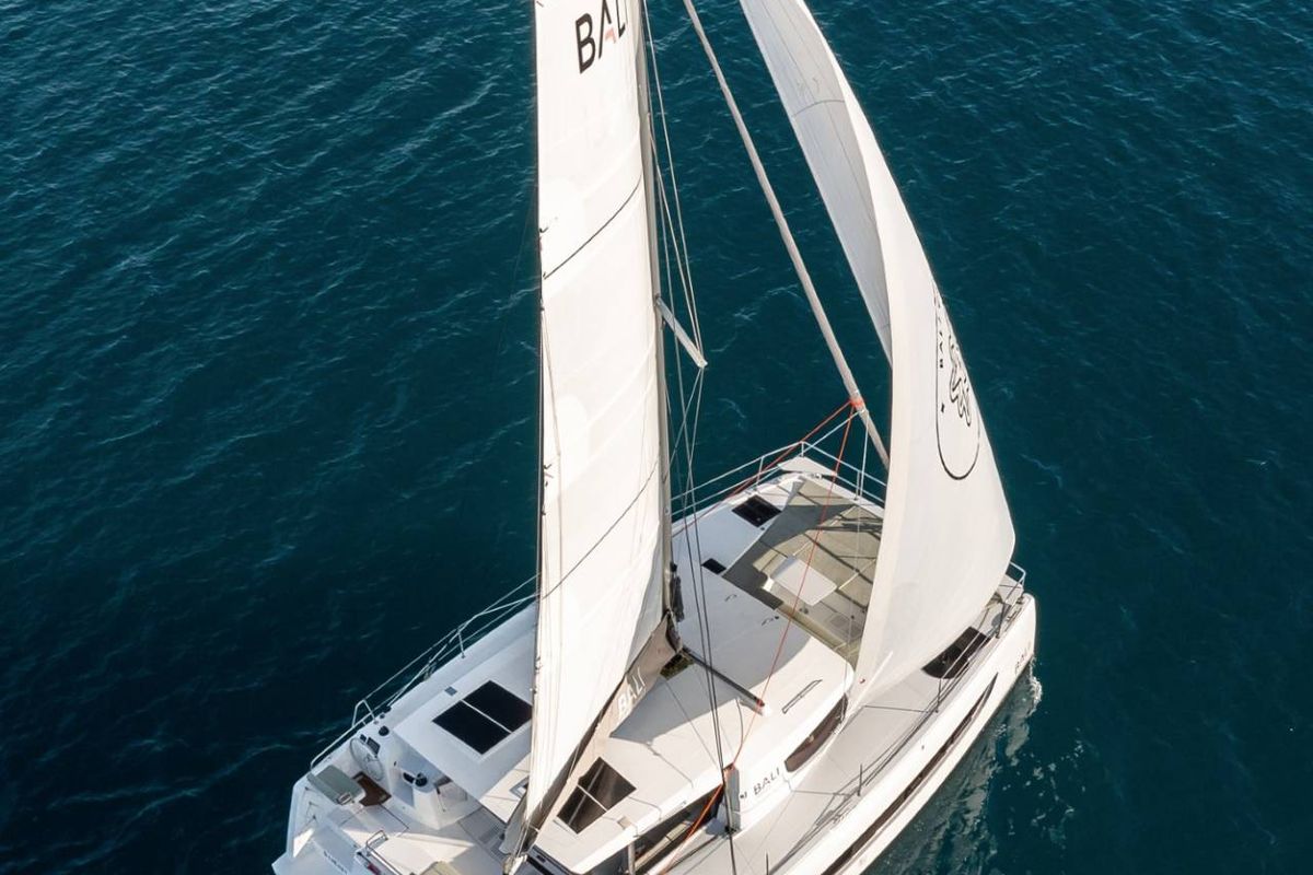 Exterior view of Zen Flow, a Bali Catsmart catamaran at Figari/Golfo Aranci, Italy