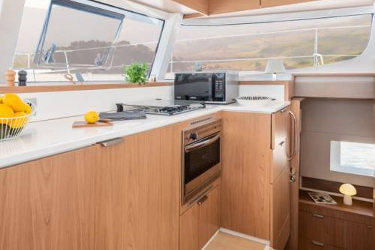 Galley of Zen Flow, a Bali Catsmart catamaran at Figari/Golfo Aranci, Italy