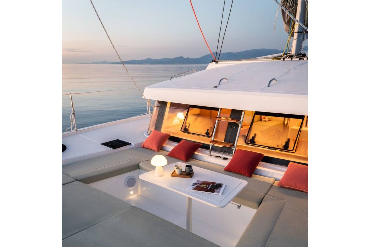 Deck of Zen Flow, a Bali Catsmart catamaran at Figari/Golfo Aranci, Italy