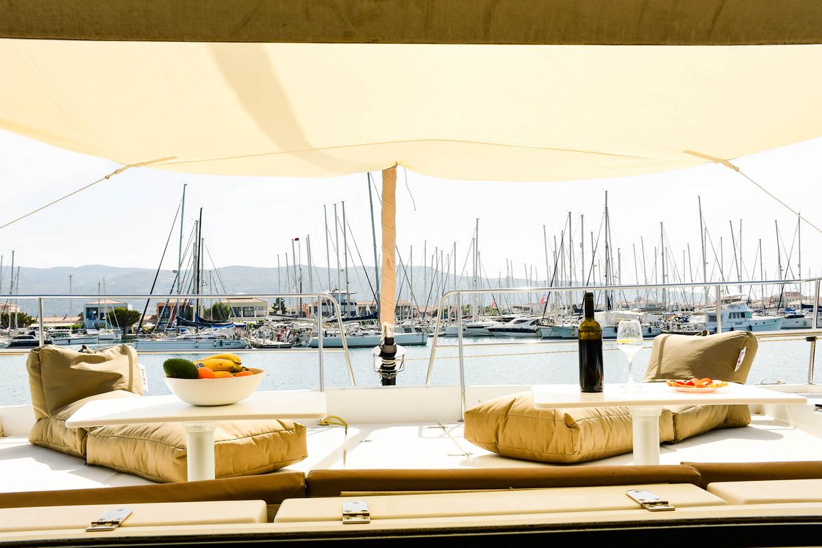 Deck of Meaban, a Bali 4.3 catamaran at Municipal Unit of Lefkada, Greece