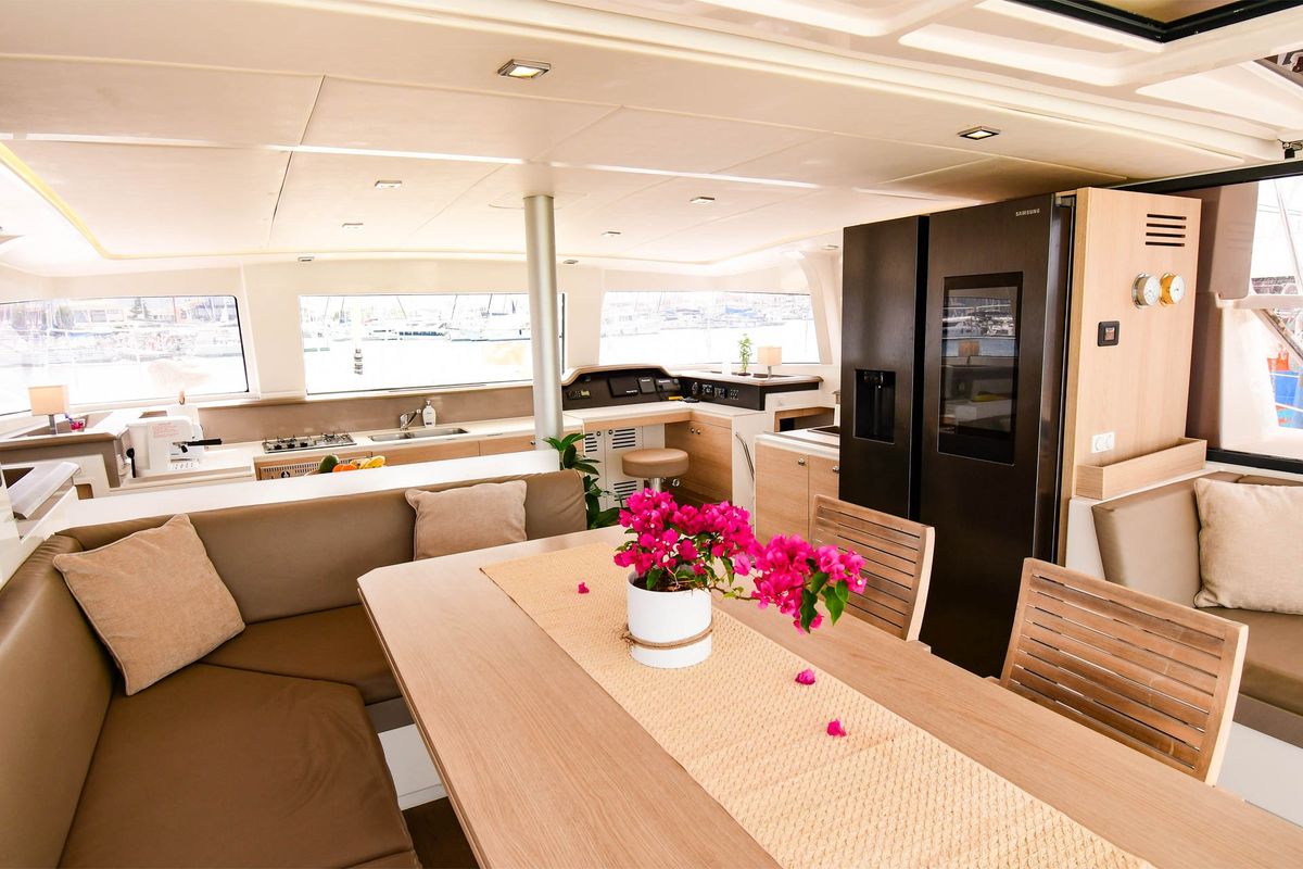 Salon of Meaban, a Bali 4.3 catamaran at Municipal Unit of Lefkada, Greece