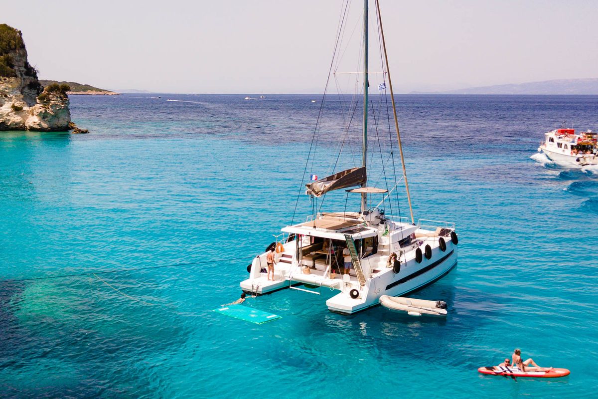 Exterior view of Meaban, a Bali 4.3 catamaran at Municipal Unit of Lefkada, Greece