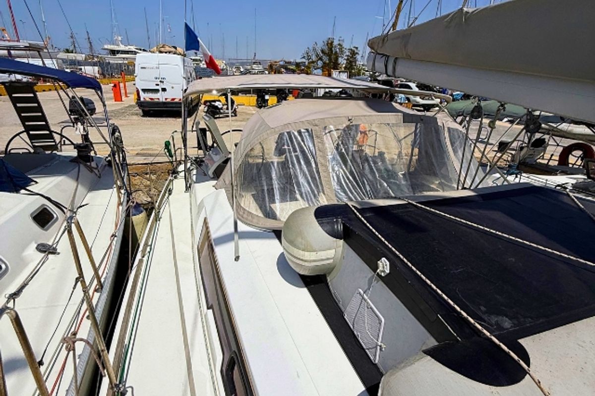 Deck of Freedom, a Dufour 410 Grand Large sailboat at Athens, Greece