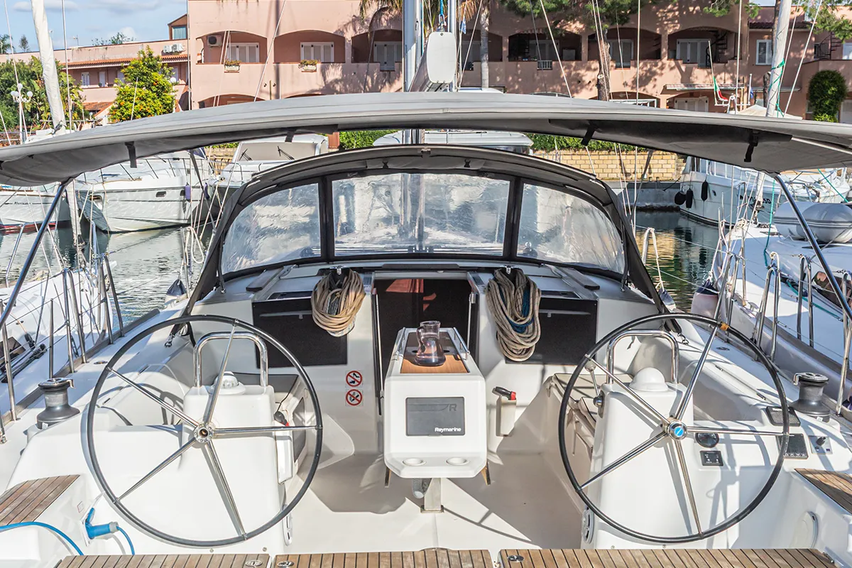 Cockpit of Mania Planet, a Dufour 460 Grand Large sailboat at Tonnarella, Italy