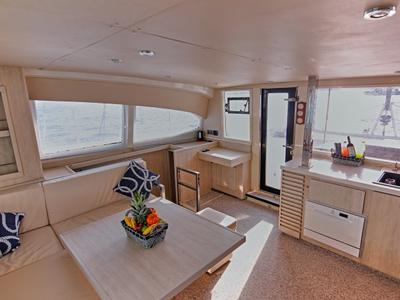 Salon of Panda Joy, a Leopard 40 catamaran at Fethiye, Turkey