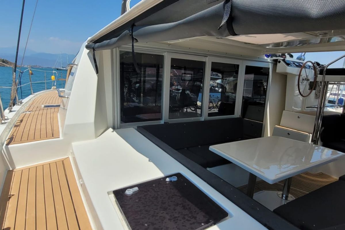 Deck of Panda Joy, a Leopard 40 catamaran at Fethiye, Turkey